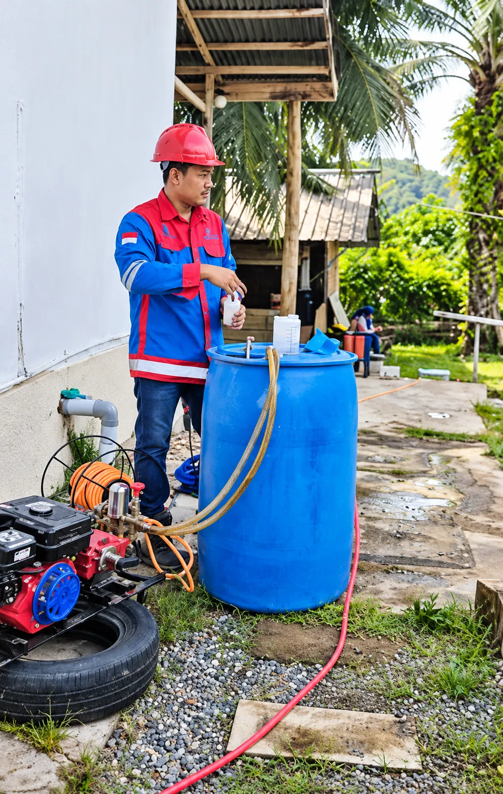 Pekerja sedang menyiapkan alat penyemprotan